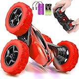 ORRENTE RC Stunt Car Toy , Offroad Remote Control Monster Trucks 4WD 2.4Ghz Rock Crawler with Headlights, Double Sided 360° Flips Toys Gift for Kids Boys Girls (Red)