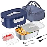 DUPASU Electric Lunch Box, 75W Portable Food Heater for Adults, Fast Heating Food Warmer for Car Truck Home Office 110V/12V/24V with 304 Stainless Steel Container, Fork Spoon and Bag, Blue+White