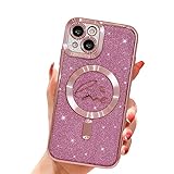 Jefonha for iPhone 14 Plus Magnetic Glitter Clear Case, [Compatible with Magsafe] Luxury Plating Love Heart Pattern Design, Full Camera Lens Protector Soft TPU Protective Case for Women 6.7'-Pink