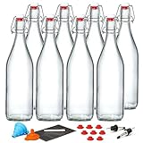 AOZITA 8-Pack 1 Liter Swing Top Glass Bottles w/Airtight Stopper Lids – 33oz Flip Top Brewing Bottle for Fermentation, Kombucha, Mead, Vinegar, Beer, Kefir, Wine – Come With 8 Extra Seals & 2 Pourers