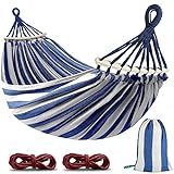 MOSFiATA Hammocks Portable Camping Hammock Upgraded 550lb Comfortable Fabric Hammock with Two Anti Roll Balance Beam and Sturdy Metal Knot Tree Straps for Camping, Patio, Backyard, Outdoor Blue White