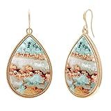 Bonaluna Boho Chic Wood Teardrop Statement Earrings with Multi-Patterned Design & Gold Plated Metal Frame for Women