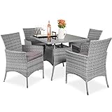 Best Choice Products 5-Piece Indoor Outdoor Wicker Dining Set Furniture for Patio, Backyard w/Square Glass Tabletop, Umbrella Cutout, 4 Chairs - Gray