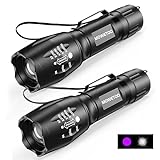 MOWETOO 2Pack UV-White Light LED Flashlights: Mini Flashlights with UV Black Light and White Light 4 Modes High Lumens Zoomable Beam for Pet Urine Stain Detection Camping Hiking Walking Emergency