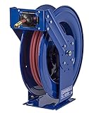 Coxreels TSH-N-475 Retractable Air, Water or Oil Hose Reel, T-Series, ½” x 75’ - Easy Maintenance with Brass Swivel and Multi-Position Mount Arm - Heavy-Duty Steel Construction, Made in USA, Blue