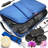 Portable Massage Stone Warmer Set - Electric Spa Hot Stones Massager and Heater Kit with 6 Large and 6 Small Round Shaped Basalt Massaging Rocks, Digital Controller Heating Bag