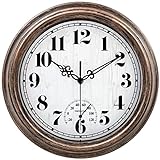 45MinST 12 Inch Indoor/Outdoor Retro Round Waterproof Wall Clock with Thermometer, Silent Non-Ticking Battery Operated Quality Quartz Wall Clock Home/Patio Decor(Bronze)