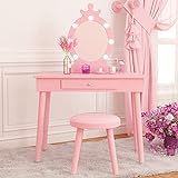Kids Vanity with Lighted Mirror, Toddler Vanity Makeup Table Set, Brightness Adjustable, for Kids 2-8, Pink
