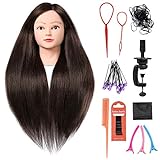 SILKY 26'-28' Long Hair Mannequin Head with 60% Real Hair, Hairdresser Practice Training Head Cosmetology Manikin Doll Head with 9 Tools and Clamp - #4 Brown, Makeup On