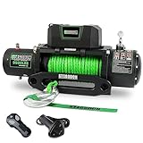 STEGODON New 9500 lb. Load Capacity Electric Winch S3,12V Waterproof IP67 Electric Winch with Hawse Fairlead, Synthetic Rope Winch with Wireless Handheld Remote and Wired Handle(Green-Rope)