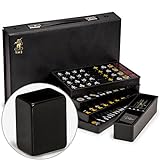 Yellow Mountain Imports Japanese Riichi Mahjong Set - Black Standard Size Tiles and Vinyl Case - with East Wind Tile, Set of Scoring Sticks, & Dice