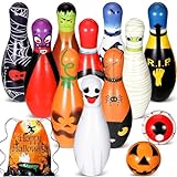 Liliful 13 Pcs Halloween Bowling Set Include 10 Colorful Soft Foam Pins 2 Bowling Ball Printed with Number 1 String Bag for Girl Boy Kids Toddler Outdoor Indoor Events Birthday Party Supplies Gift