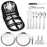 Camping Silverware Kit Cutlery Organizer Utensil Picnic Set - 13 Piece Mess Kit for 2 - Stainless Steel Plate Spoon Clip and Serrated Knife Wine Opener Fork Napkin Hiking - Camp Kitchen BBQ’s