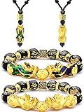 4 Pieces Feng Shui Pi Xiu Pi Yao Bracelet Necklace Set, Adjustable Feng Shui Lucky Nafu Wealth Necklaces Black Bead Bracelet with Hand Carved Amulet Bead (Three Thermochromism Three Gold)