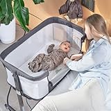 QUTANIX Baby Bassinet Bedside Sleeper with Wheels,Easy Folding Lightweight Crib for Baby/Infants,Breathable Mesh and Adjustable Height - Grey