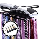 Primode Motorized Tie Rack Closet Organizer with LED Lights, Bonus Stainless Steel Tie Clip Set, Includes J Hooks for Wired Shelving Stores Up To 72 Ties with 8 Belts, Rotation Operates With Batteries