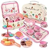 Tea Party Set for Little Girls, Flower Tea Set Toys for Girls Age 3 4 5 6 Year Old, Toddler Kids Kitchen Pretend Play Toys with Tin Tea Set, Cake Stand, for Girls