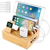 Bamboo Charging Station Dock for 4/5 / 6 Ports USB Charger with 5 Charging Cables Included, Desktop Docking Station Organizer for Cellphone,Smart Watch,Tablet(No Power Supply)