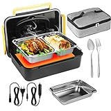 Electric Lunch Box Food Heater, 3 in 1 Food Warmer 12V 24V 110V Portable Heated Lunch Boxes for Car/Truck/Home Self Heating Box with 2 Removable 304 Stainless Steel Container, Fork & Spoon and Carry
