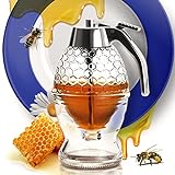 CLEVLI Honey Dispenser – No Drip Glass with Stand – Honey Jar – Clear Glass Honey Container with Dipper 8 Oz – Maple Syrup Dispenser – Honey Pot with Stand – Honey Bottle with Flip Top Lid