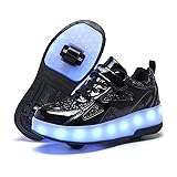 Wooowyet LED Roller Skate Shoes for Kids Boys Girls Light Up Lighting Fashion Wheeled Heel Sneakers Electric Shoes with Retractable Wheels USB Rechargealbe Black Big Kids Size 4
