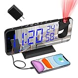 Projection Alarm Clock for Bedroom, Large 7.4” LED Display Ceiling Digital Radio Alarm Clock with USB Charger and Dual Alarm, 3 Dimmer Thermometer Temperature Monitor for Kid Elderly Heavy Sleeper