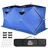 DEERFAMY Double-Room Ice Fishing Shelter, 6-8 Person Ice Fishing Tent, Pop up Ice Shanty Insulated Tent with Carrying Bag, 10 Ice Anchors, Blue