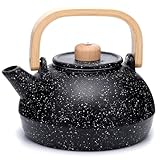MILVBUSISS Cast Iron Teapot, Large Capacity 44oz Tea Kettle with Infuser for Stove Top, Anti-Hot Wood Handle Japanese Tea Pot for Loose Leaf Coated with Enameled Interior, 1300ml Black
