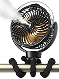 Misting Stroller Fan, 6000mAh Battery Operated Portable Fan with Light & 360° Pivoting, Personal Fan with Flexible Tripod for Baby, Office, Travel,Treadmill,Outdoors