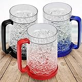 Freezer Ice Beer Mugs, Drinking Glasses, Double Wall Gel Frosty Beer Mugs, Cooling Wine Cups for Parties and Gifts, Clear 16oz Set of 3 (Blue, Red and Black)
