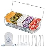 LIMOEASY Chilled Condiment Server, Clear Garnish Tray with Lid for Bar for Parties with 5 Removable Compartments, Ice Serving Bowl, Serving Containers for Fruit, Caddy, Snack, Sauce