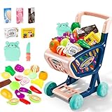 deAO Toddlers Shopping Cart Trolley Set Kids Pretend Grocery Cart Play Toy with Pretend Play Food Shopping Day Realistic Kitchen Accessories for Kids Girls Boys