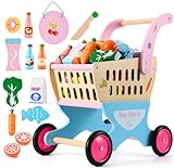 Atoylink Wooden Kids Shopping Cart with Pretend Play Food Accessories Baby Push Walker Wooden Toys Learning Walking Educational Toys Birthday Gift for 3 4 5 Year Old Baby Girls Boys
