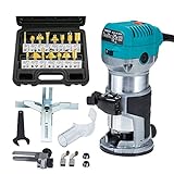 Compact Router with Trimmer/Fixed Base, Variable Speed Trim Router Palm Router Laminate Trimmer, 1/4' 710W Electric Wood Router Tool Kit with 15 Router Bits for Woodworking