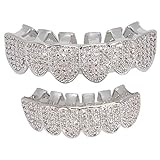 Diamond Grills for Teeth Set Hip Hop Teeth Brace Shiny Top Bottom Teeth Grillz Removable Teeth Mouth Guard Trick Joke Prop Halloween Costume Accessories for Adults Children(Silver)