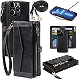 DKDKSIP for iPhone 14 Pro Wallet Case for Women, Support Wireless Charging with RFID Blocking Card Holder, Leather Zipper 2 in 1 Detachable Magnetic Phone Case with Crossbody Strap Wristlet, Black
