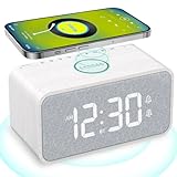 ANJANK Wooden Alarm Clock Radio with Bluetooth Speaker, Wireless Charging Station for iPhone/Samsung, Dual Alarms, Auto-sync Time, 0-100% Dimmer, Digital Clock for Bedrooms Bedside Desk