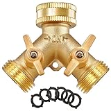 IPOW Garden Hose Splitter 2 Way Heavy Duty with Upgraded Handles, Solid Brass Water Faucet Y Splitter Hose Bib Splitter Connector Adapter with Comfortable Grip Shut Off Valves and 6 Rubber Washers