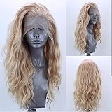 ELESTY Long Natural Curly Glueless Lace Front Wig Gloden Blonde Synthetic Lace Front Wigs for Women Left Part Glueless Heat Resistant Fiber Hair Daily Party Wig …