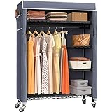 VIPEK V11C Portable Closets Rolling Clothes Rack 5 Tiers Heavy Duty Adjustable Wire Garment Rack with Lockable Wheels Wardrobe Black Metal Clothing Rack with Gray Oxford Fabric Cover, Max Load 452LBS