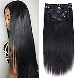 Nvnvdij Straight Clip in Hair Extensions 8pcs Per Set with 18Clips Double Weft Brazilian Virgin Human Hair Natural Black Color For Women (20 Inch)