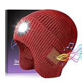 Bluetooth Beanie with Light, Built-in Wireless Headphones & Stereo Speakers - USB Rechargeable Bluetooth Hat | Unique Tech Gifts Birthday Gifts for Men and Women (Red, Adult)