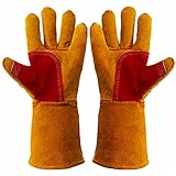 Bite Proof Glove Animal Handling Gloves (1Pair) Leather 14 inch Cowhide Reinforced Padding Palm Gardening Work for Dog Cat Scratch ( Brown )