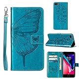 Compatible for iPhone 8 Plus Wallet Case,iPhone 7 Plus Case Women,iPhone 6/6S Plus Case,[Kickstand][Wrist Strap][Card Holder] Butterfly Floral Embossed PU Leather Flip Cover 2021 (Blue)