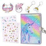 Girls Diary with Lock Unicorn Journal Notebook Bracelet Keychains Stickers Hair Tie Gifts Set, Rainbow Unicorn