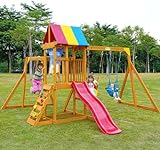 SuniBoxi Wooden Swing Sets for Backyard, Playground Sets for Backyards with a Slide, Rock Climbing Wall, Sandbox, Colorful Shed Cloth, Monkey bar, and More - Outdoor Playset for Backyard 3-8 Year-Olds