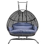 Double Egg Chair with Stand, 2 Person Heavy Duty Hanging Wicker Rattan Swinging Chair Hammock Nest Chair for Indoor Outdoor Patio Lounger Swinging Loveseat Perfect for Balcony Garden - Dust Blue
