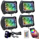 FEELON 4PCS 4' inch LED Pods Flood Work Light Bar with Multi-Color Chasing RGB Halo 16 Solid Colors Over 92 Flashing Modes Offroad Pods Lights LED Driving Lamp Fog Lights with Switch Wiring Harness
