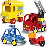 Liberty Imports 4-Pack Multi Vehicles Transportation Set - Big Building Blocks Compatible with Lego Duplo - Police Car, Fire Truck, School Bus, Motorcycle Accessories Kids Early Education Toys
