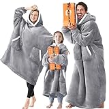EHEYCIGA Wearable Blanket Hoodie with Pockets and Sleeves, Flannel Fleece Hooded Blanket for Women Men Adults and Kids, Grey, Extended Oversize
